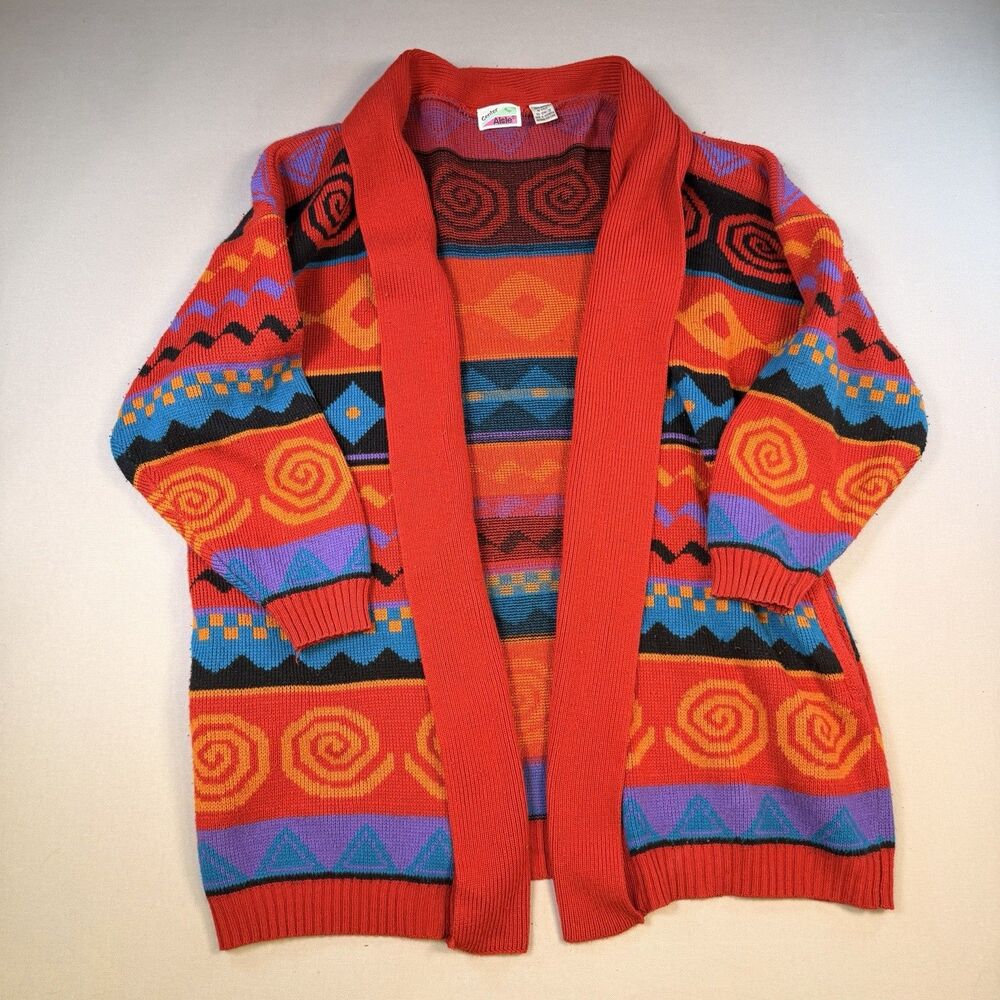 Vintage 90s Colorful Geometric Open Cardigan Womens Plus Size 18W Retro Aztec